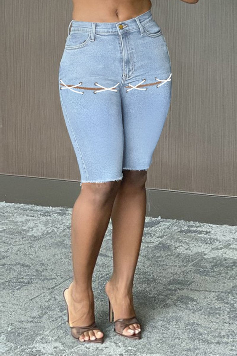 Plus Size Denim Blue Pocket Bandage Shorts