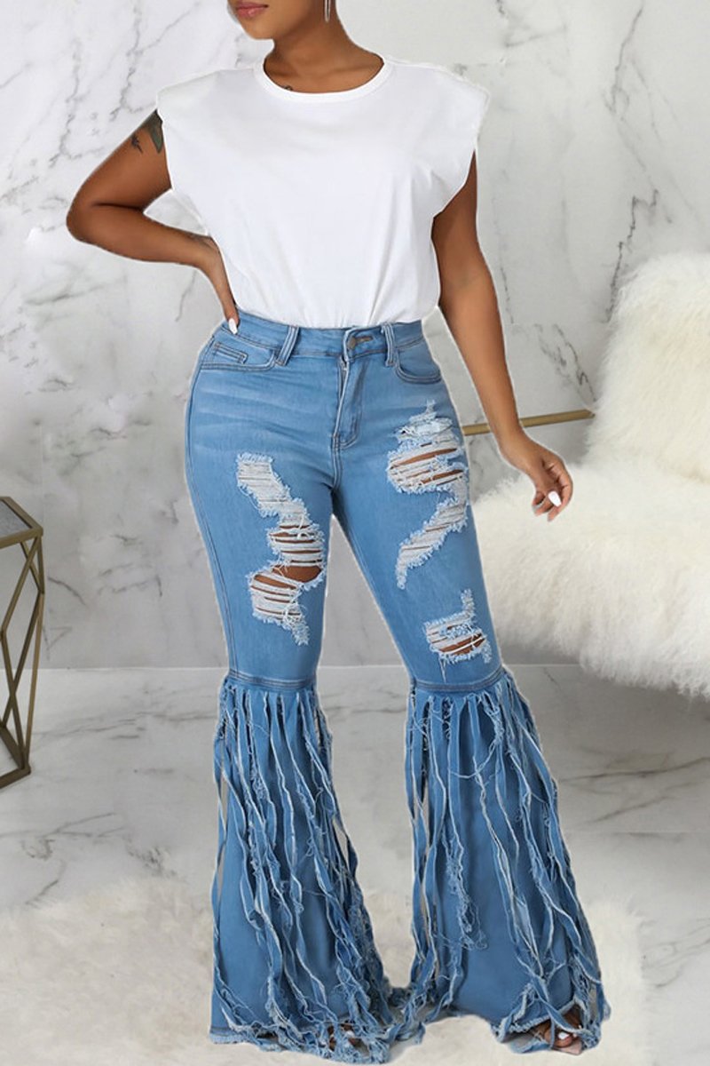 Plus Size Denim Hole Distressed Tassel Hem Jeans
