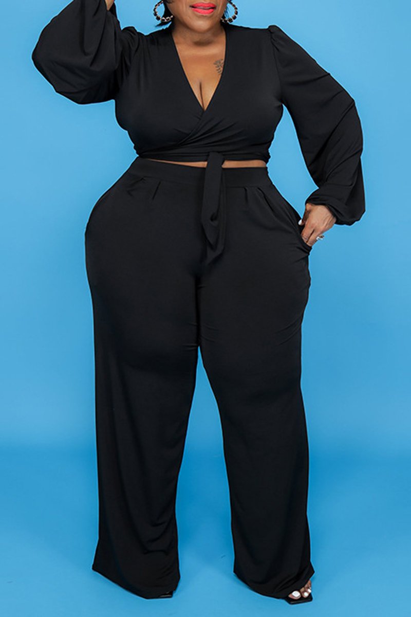 Plus Size Deep V-Neck Strapped Two Piece Sets