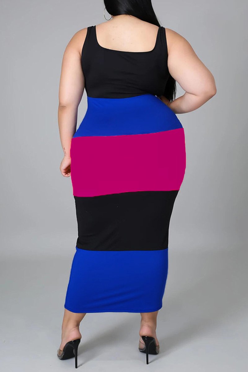 Plus Size Color Block Square Collar Maxi Dress