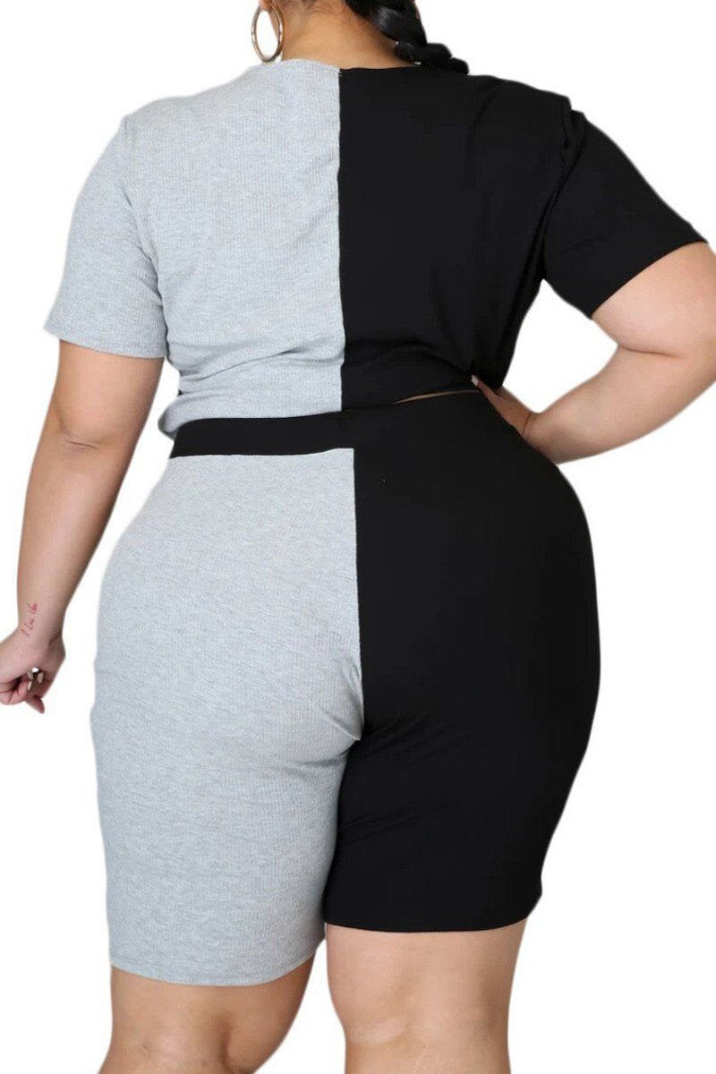 Plus Size Color Patchwork Cutout Two Piece Sets