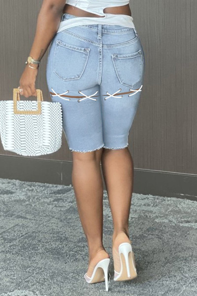 Plus Size Denim Blue Pocket Bandage Shorts