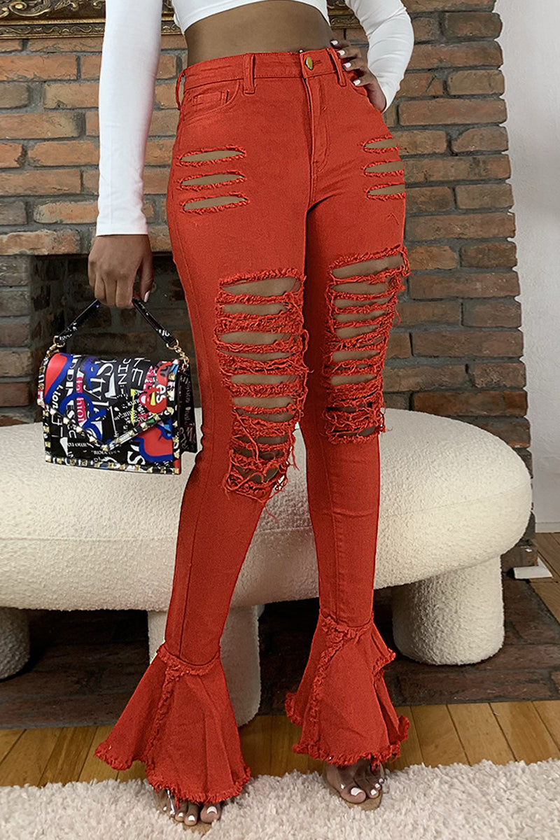 Plus Size Denim Hole Distressed Flare Jeans