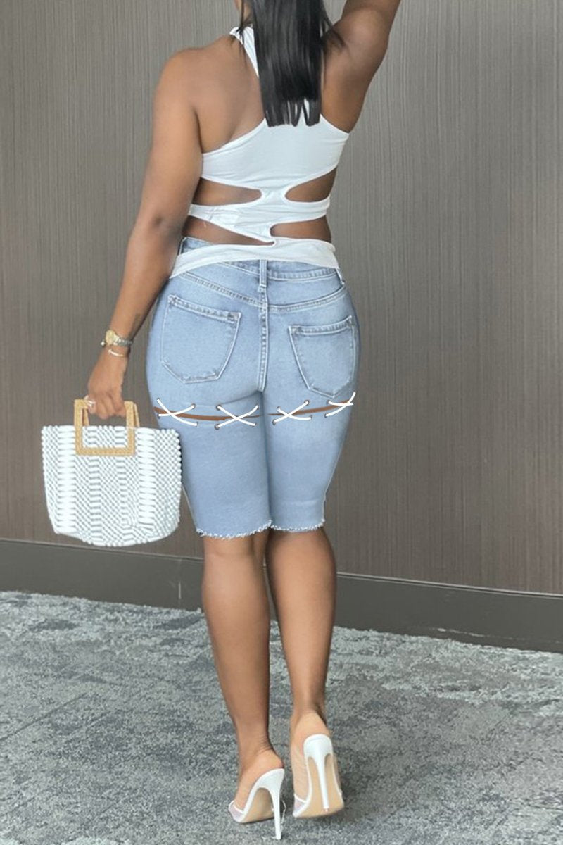 Plus Size Denim Blue Pocket Bandage Shorts