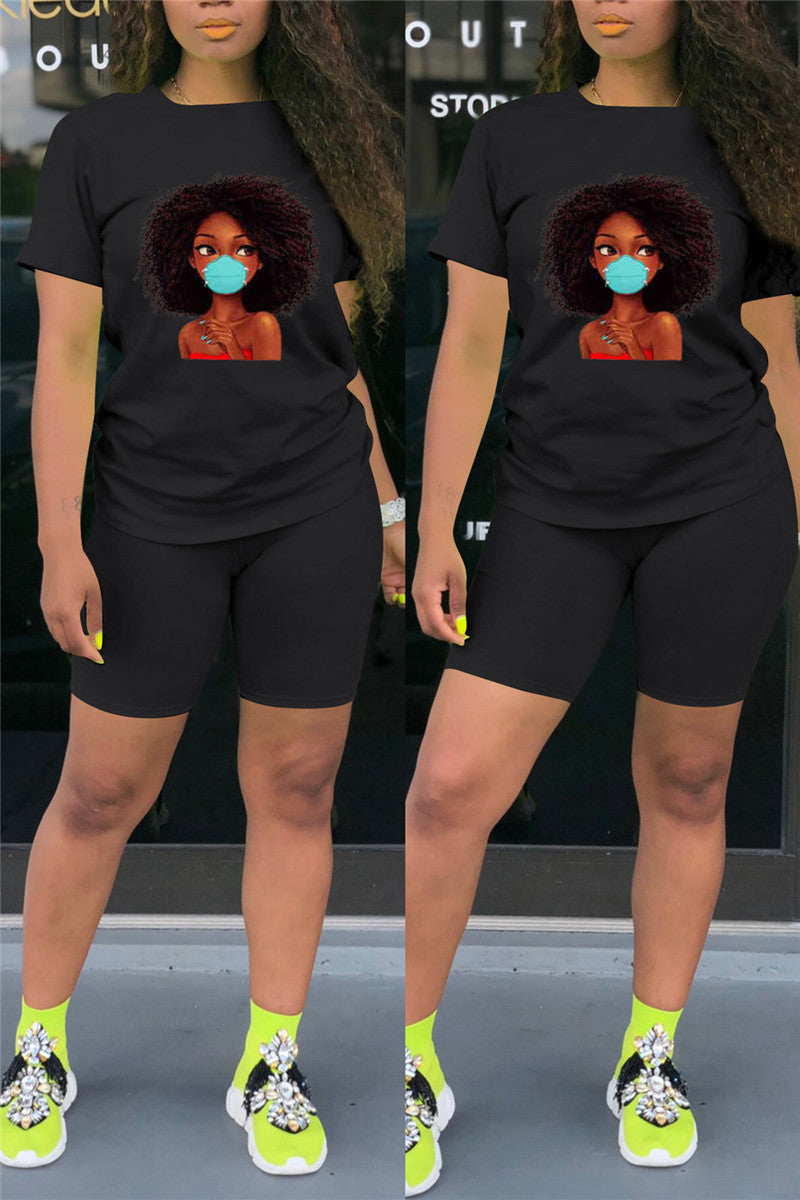 Plus Size Cartoon Print Casual Two Piece Outfits