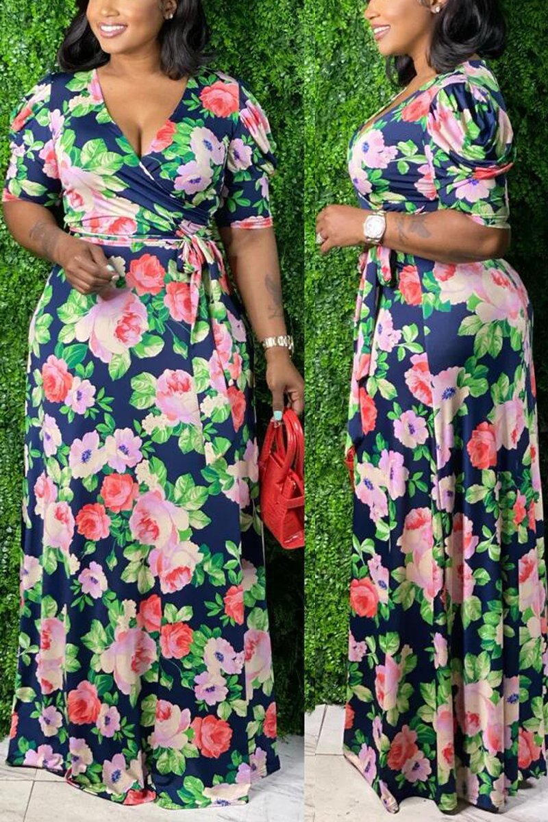 Plus Size Floral Print Lace Up V Neck Maxi Dress
