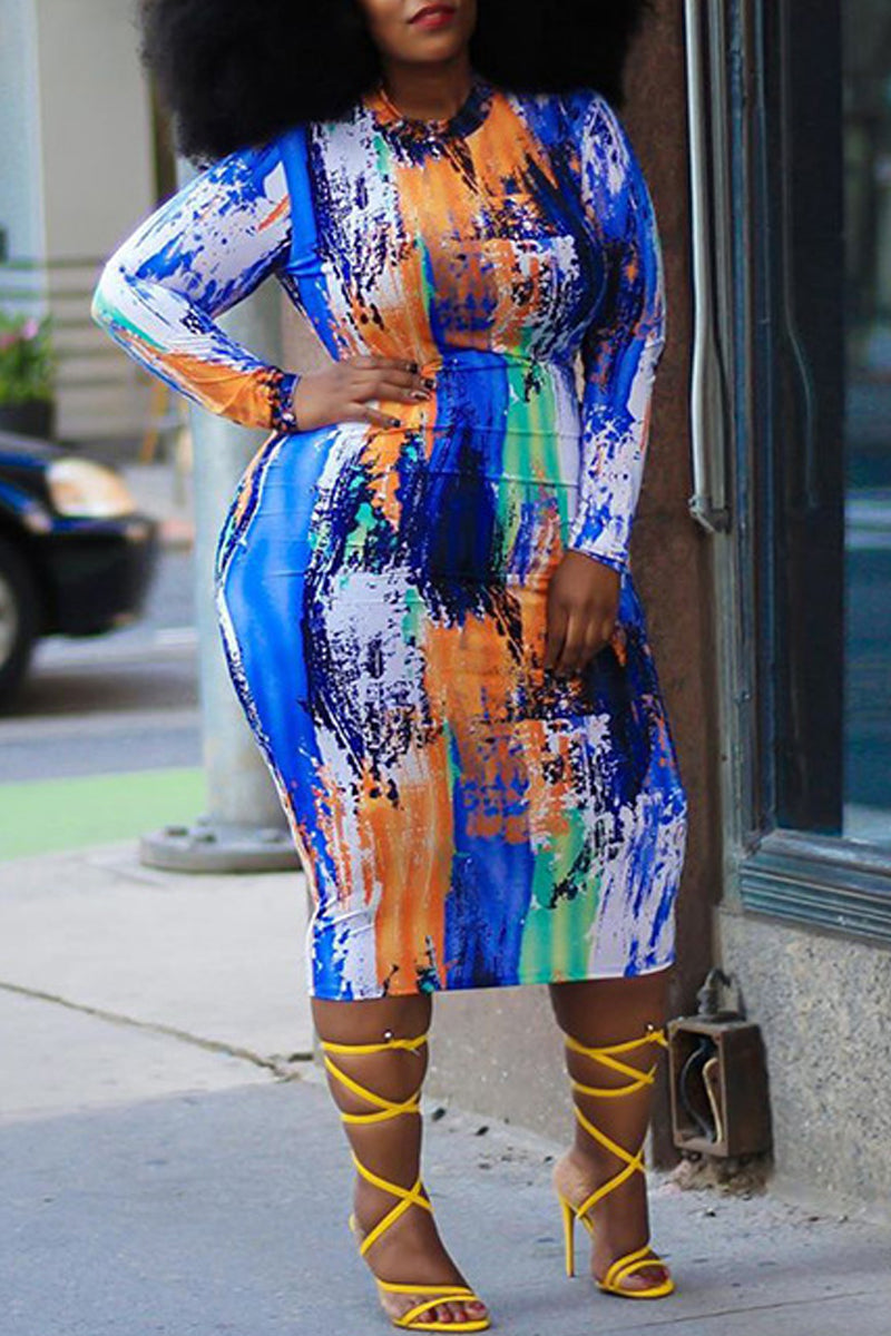 Plus Size Digital Print Package Hip Midi Dress