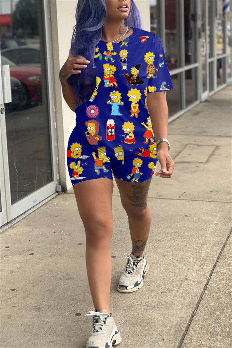 Plus Size Cartoon Print Casual Two Piece Sets