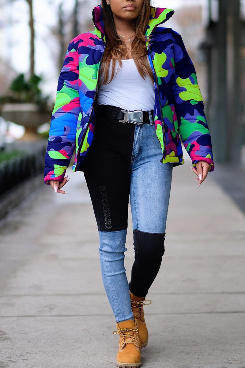 Plus Size Colorful Camouflage Print Zipper Jacket