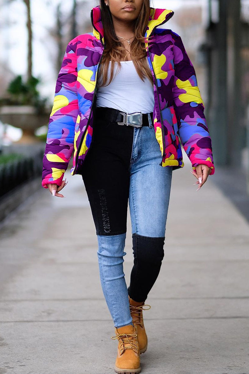Plus Size Colorful Camouflage Print Zipper Jacket
