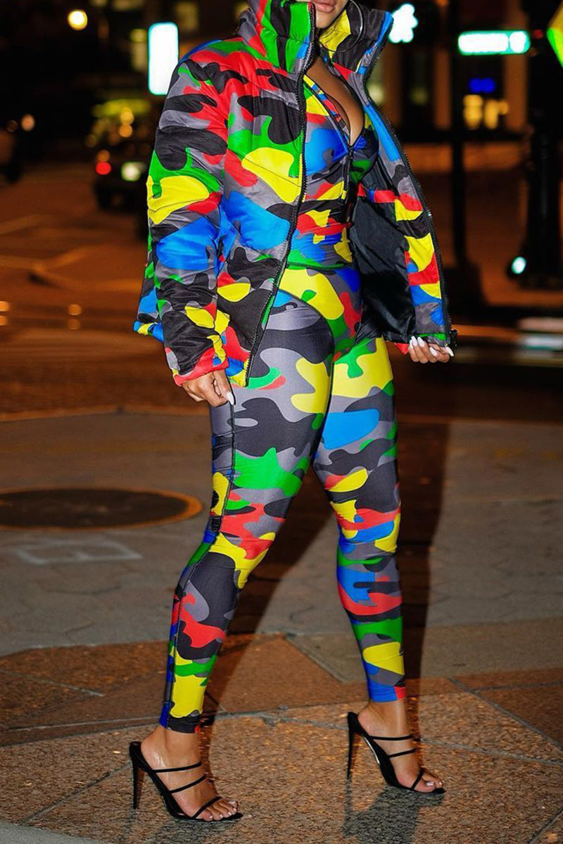 Plus Size Colorful Camouflage Print Zipper Jacket