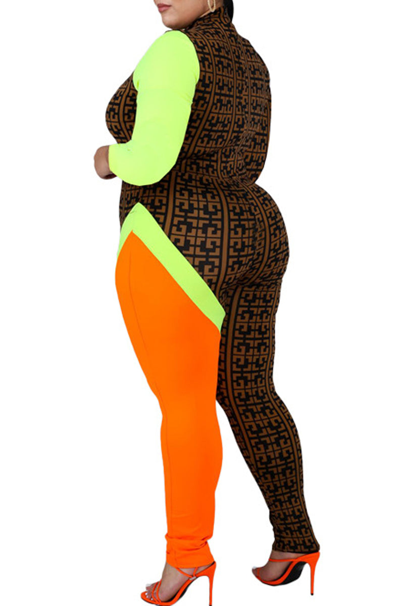 Plus Size Color Block Zipper Collar Jumpsuit