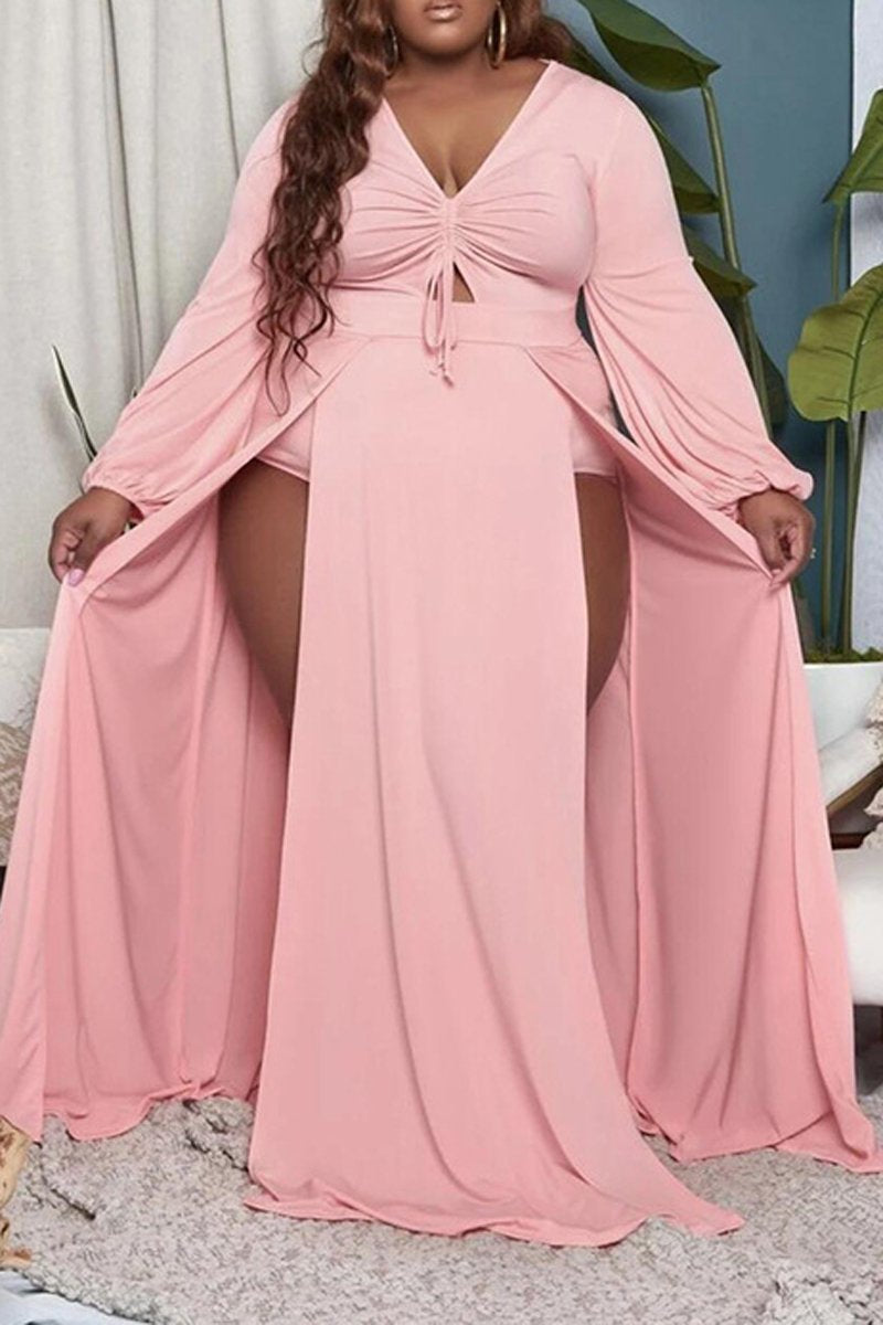Plus Size Deep V-Neck Drawstring Slit Maxi Dress