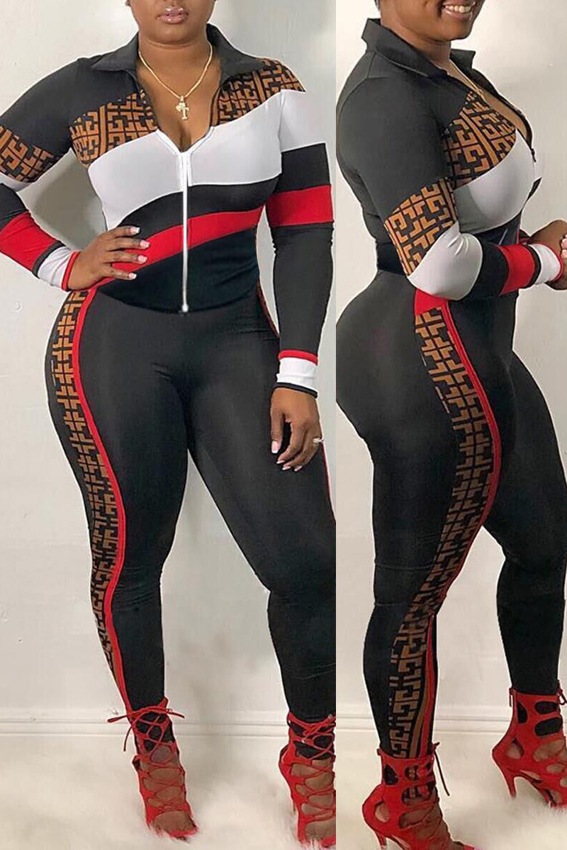 Plus Size Color Block Zipper Two Piece Sets