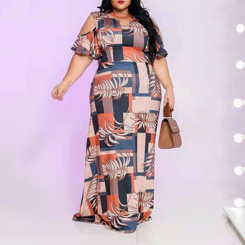 Plus Size Cold Shoulder Ruffled Sleeve Dress