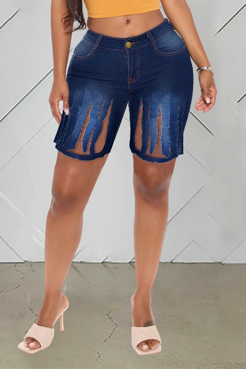 Plus Size Denim Hole Distressed Pocket Shorts