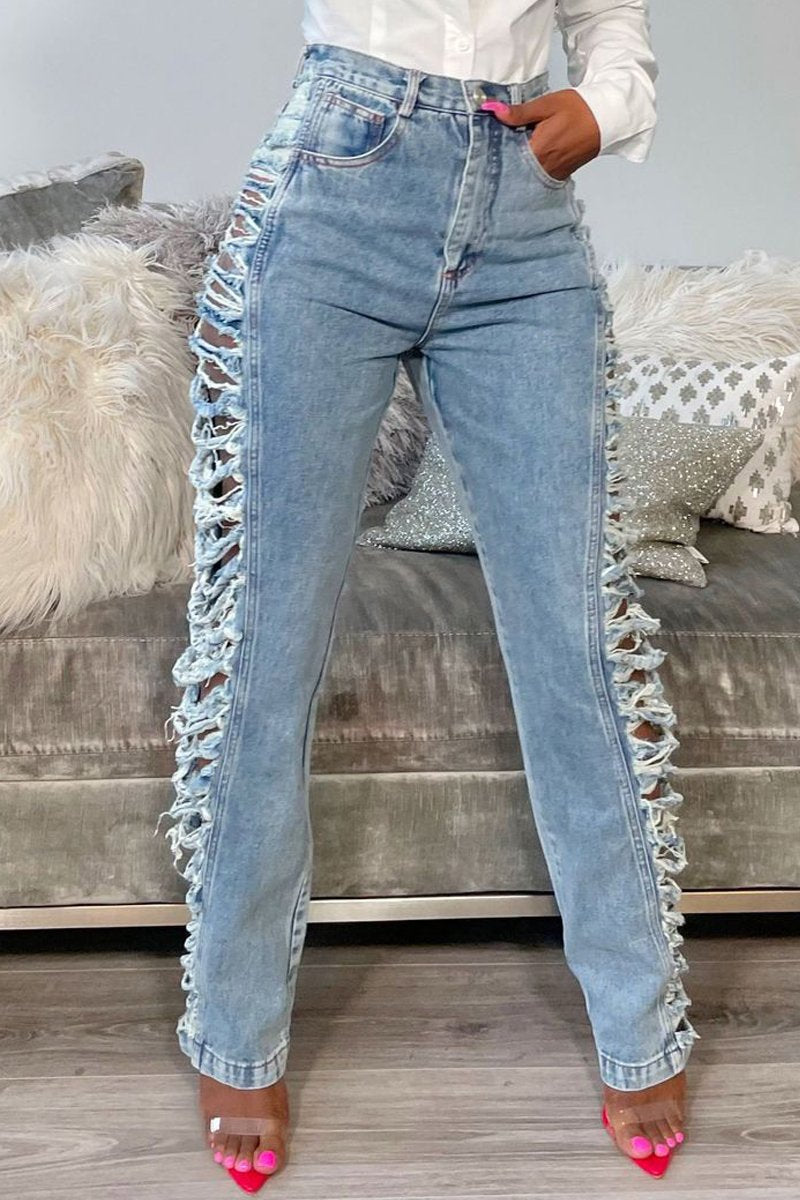 Plus Size Denim Hole Distressed High Waist Jeans