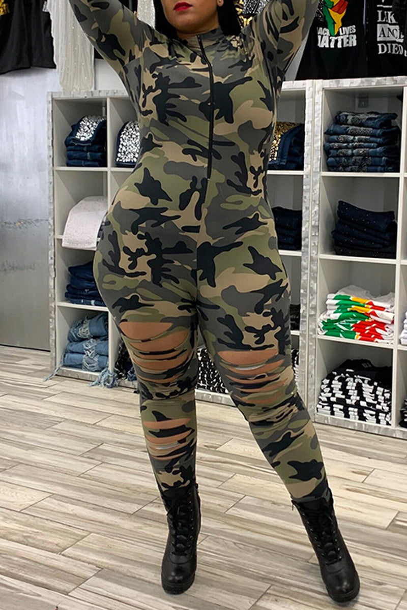 Plus Size Camouflage Print Distressed Jumpsuit