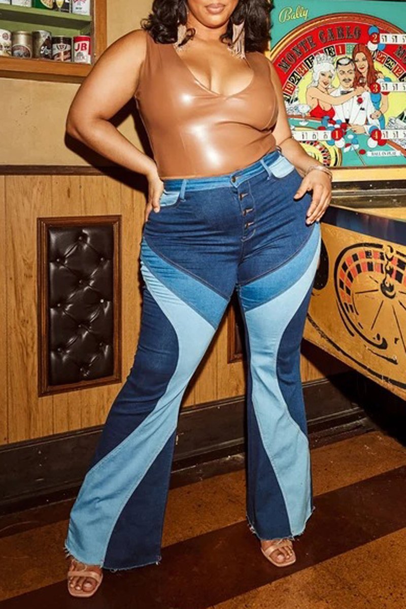 Plus Size Denim Patchwork Button Up Flared Jeans