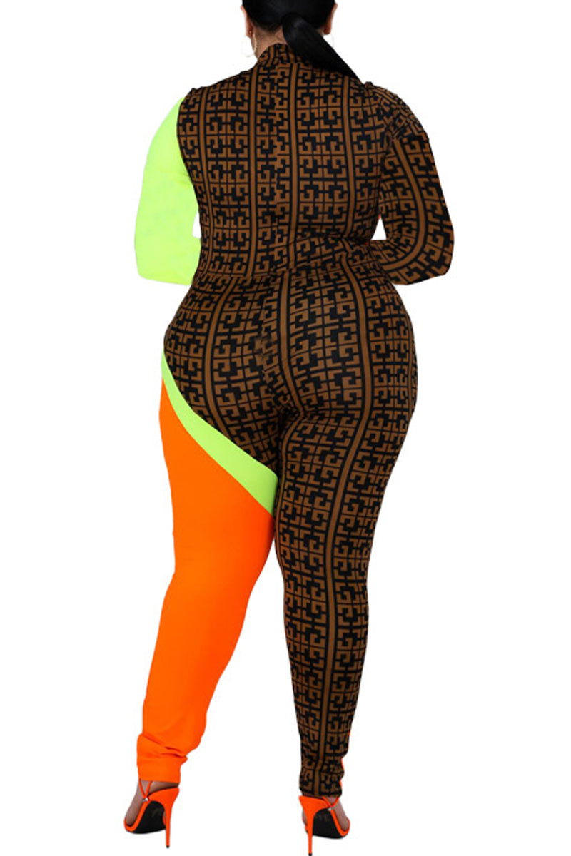 Plus Size Color Block Zipper Collar Jumpsuit