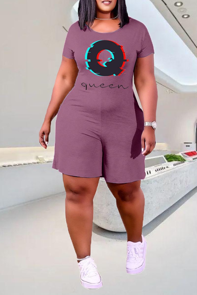 Plus Size Digital Print Round Neck Romper