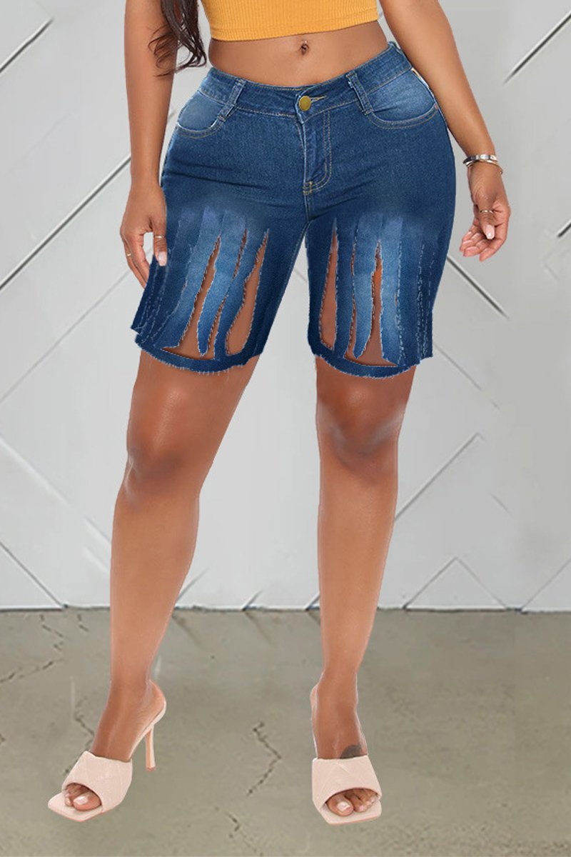 Plus Size Denim Hole Distressed Pocket Shorts