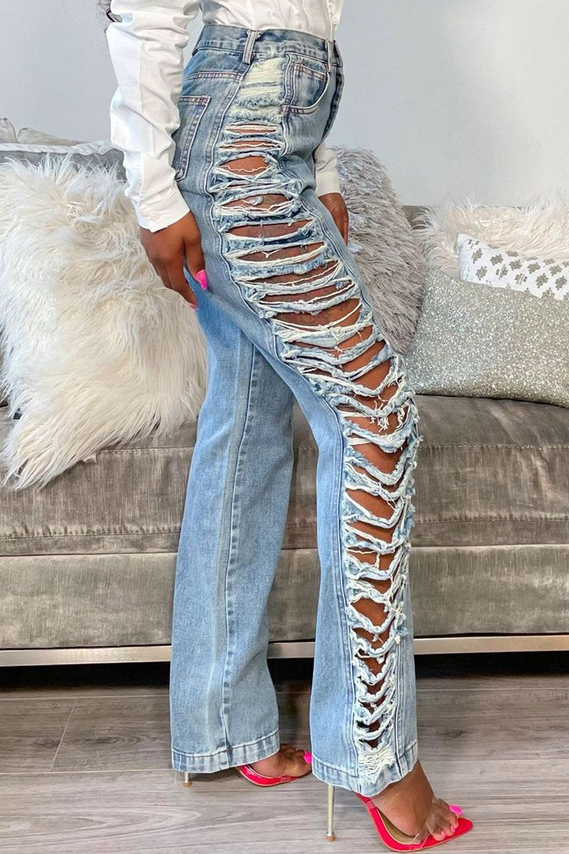 Plus Size Denim Hole Distressed High Waist Jeans