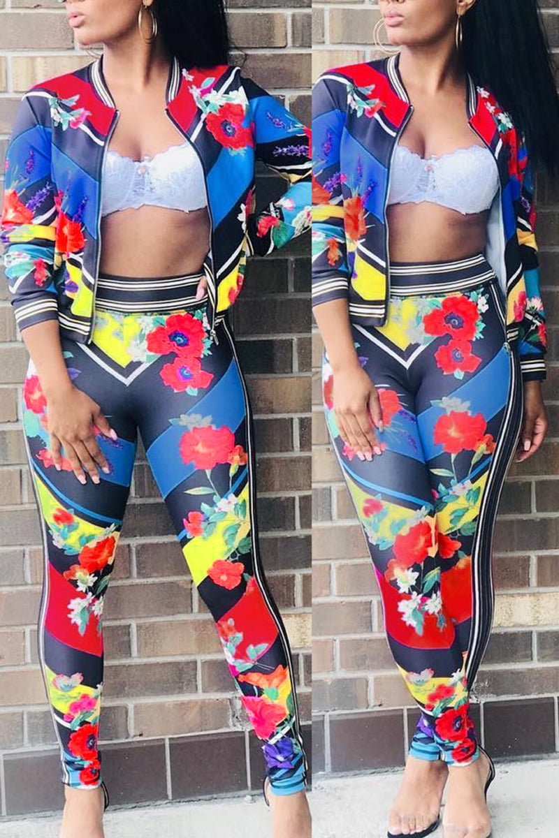 Plus Size Floral Rainbow Striped Zipper Up Two Piec Sets