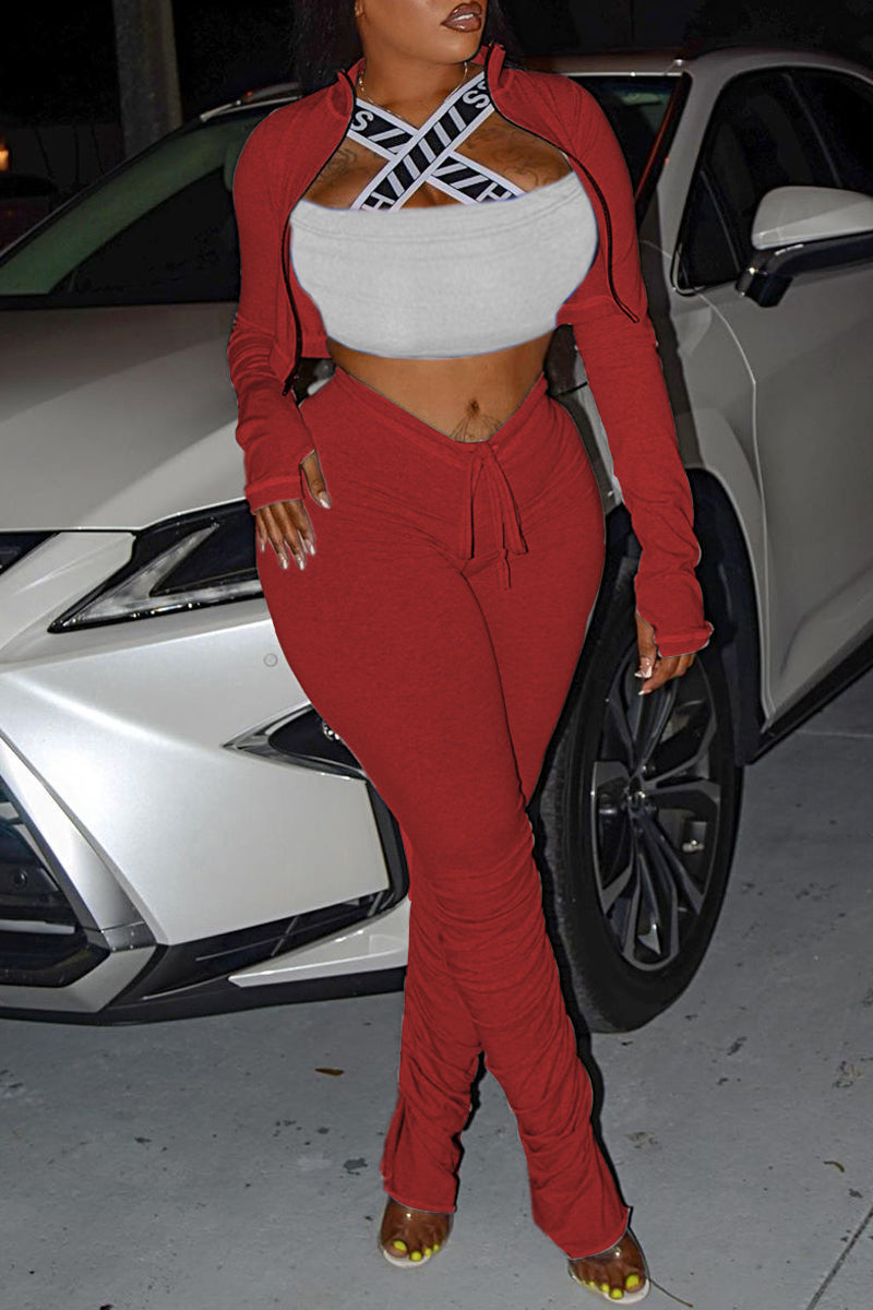 Pleated Side Slit Solid Color Zipper Top & Pants