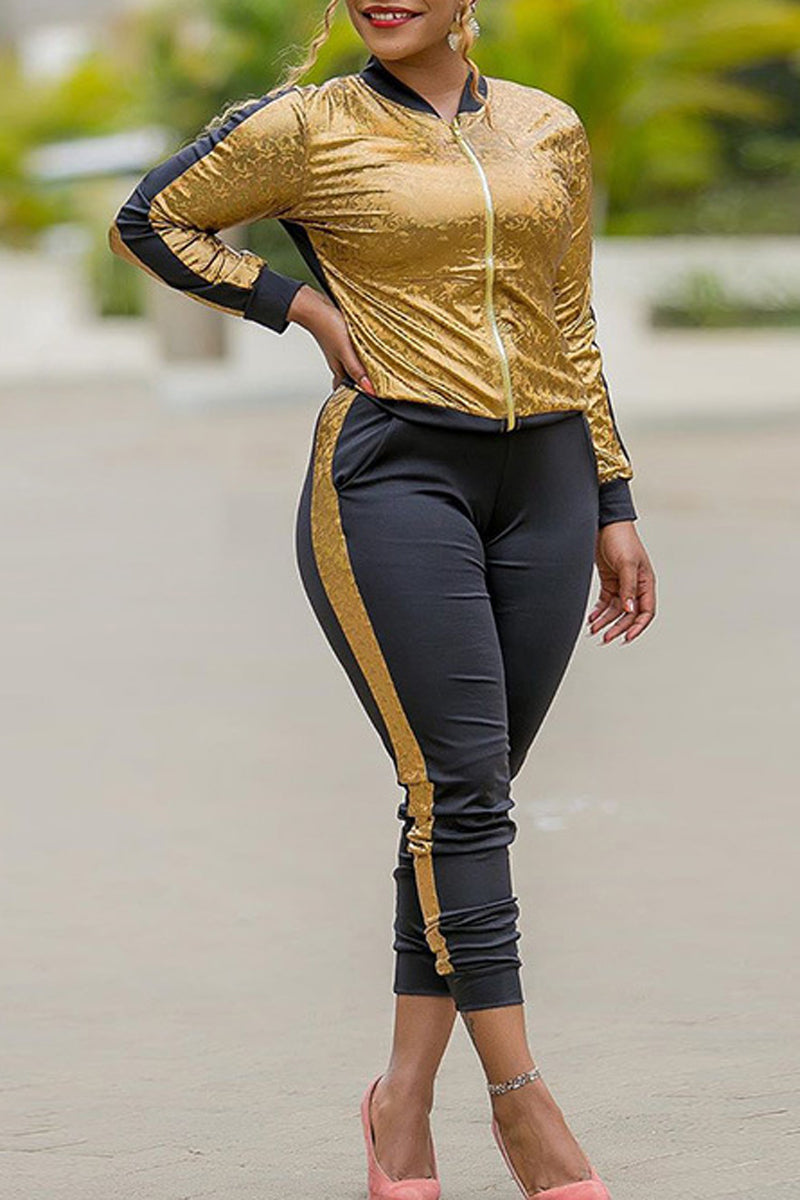 Plus Size Color Patchwork Zipper Two Piece Sets