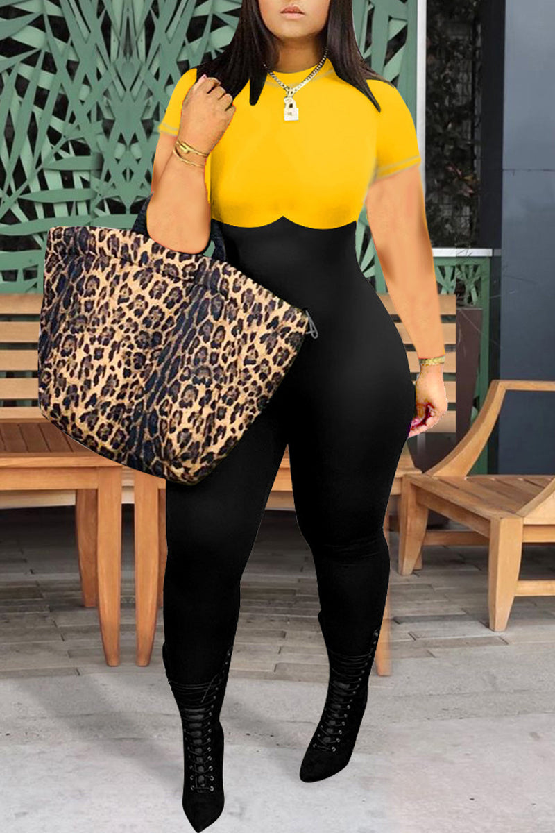 Plus Size Color Block Short Sleeve Jumpsuit