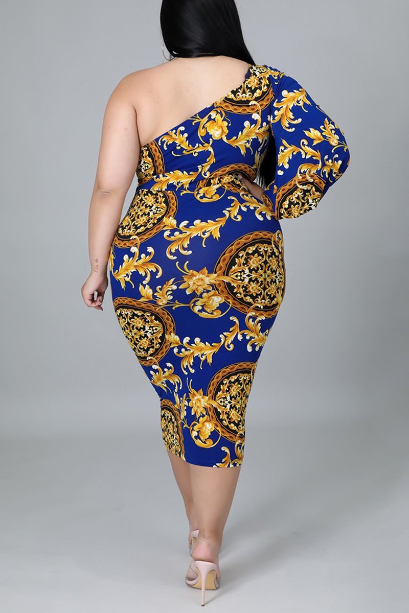 Plus Size Digital Print One Sleeve Midi Dress
