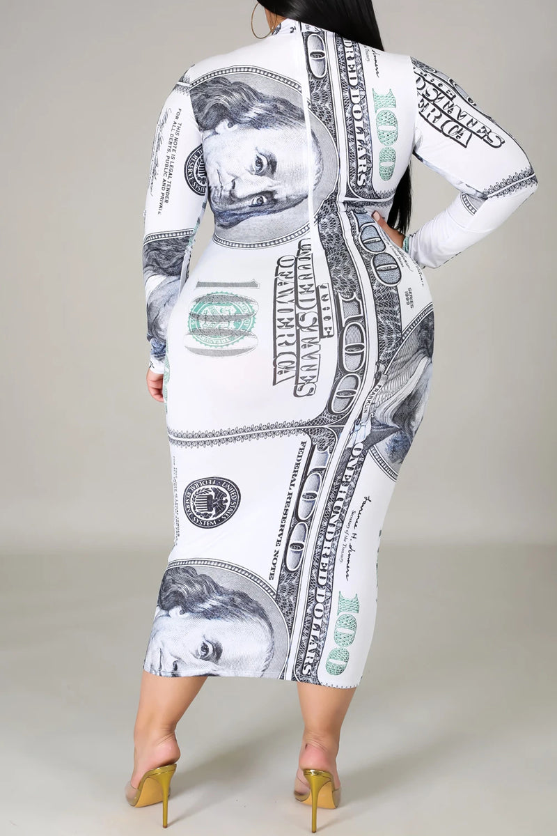 Plus Size Dollar Printing Long Sleeve Midi Dress