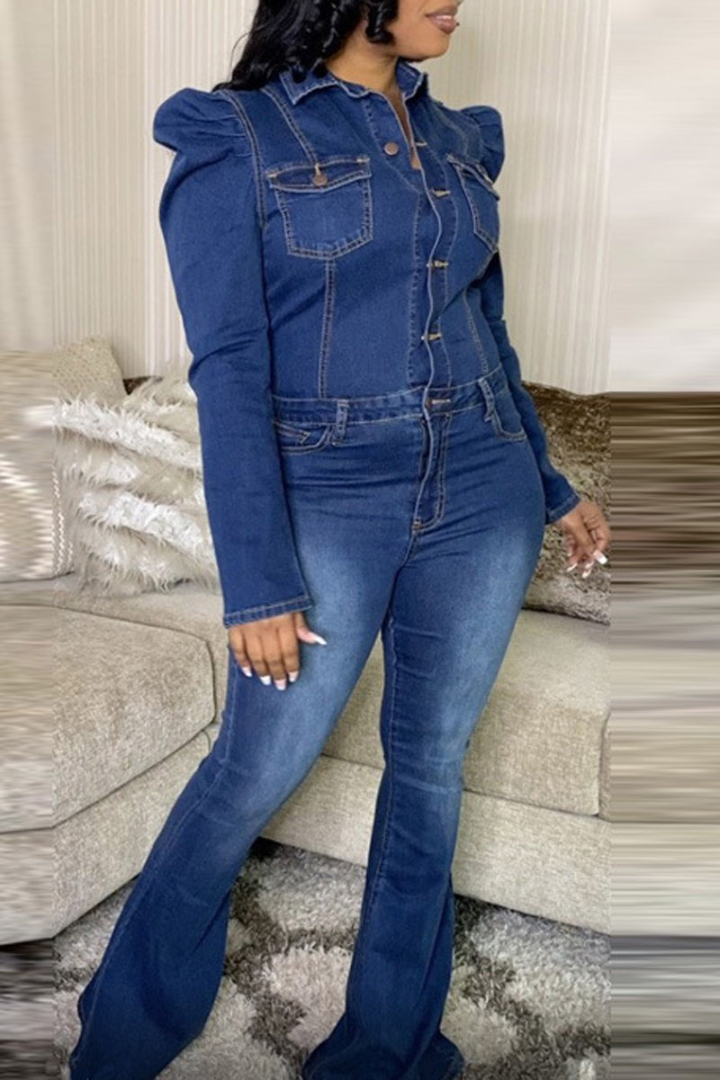 Plus Size Denim Puff Sleeve Jumpsuit