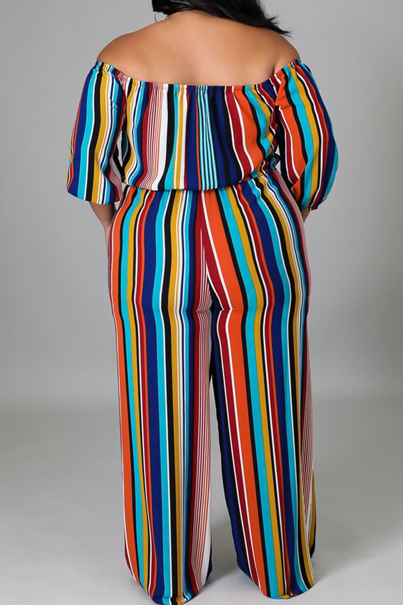 Plus Size Colorful Striped Off The Shoulder Jumpsuit
