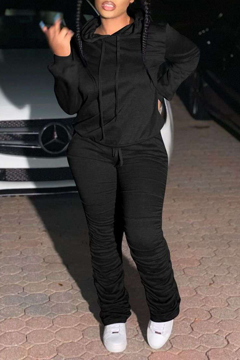 Pleated Hooded Collar Solid Two Piece Sets