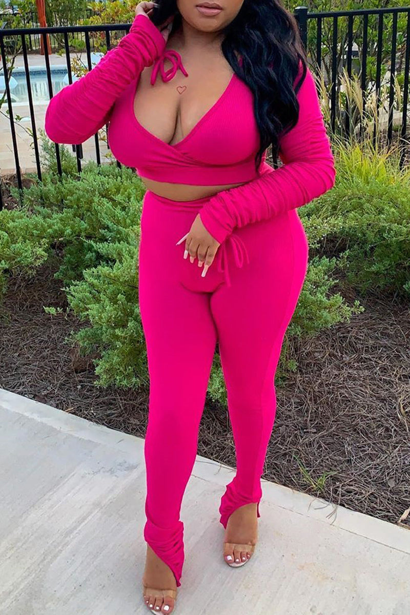 Plus Size Deep V-Neck Wrinkled Two Piece Sets