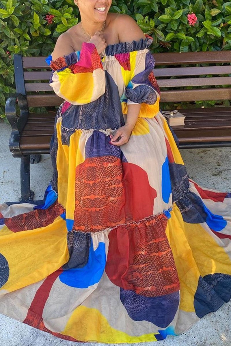 Plus Size Digital Print Off The Shoulder Dress