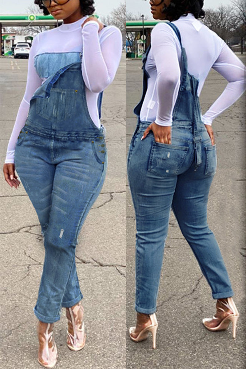 Plus Size Denim Distressed Suspenders Jumpsuit