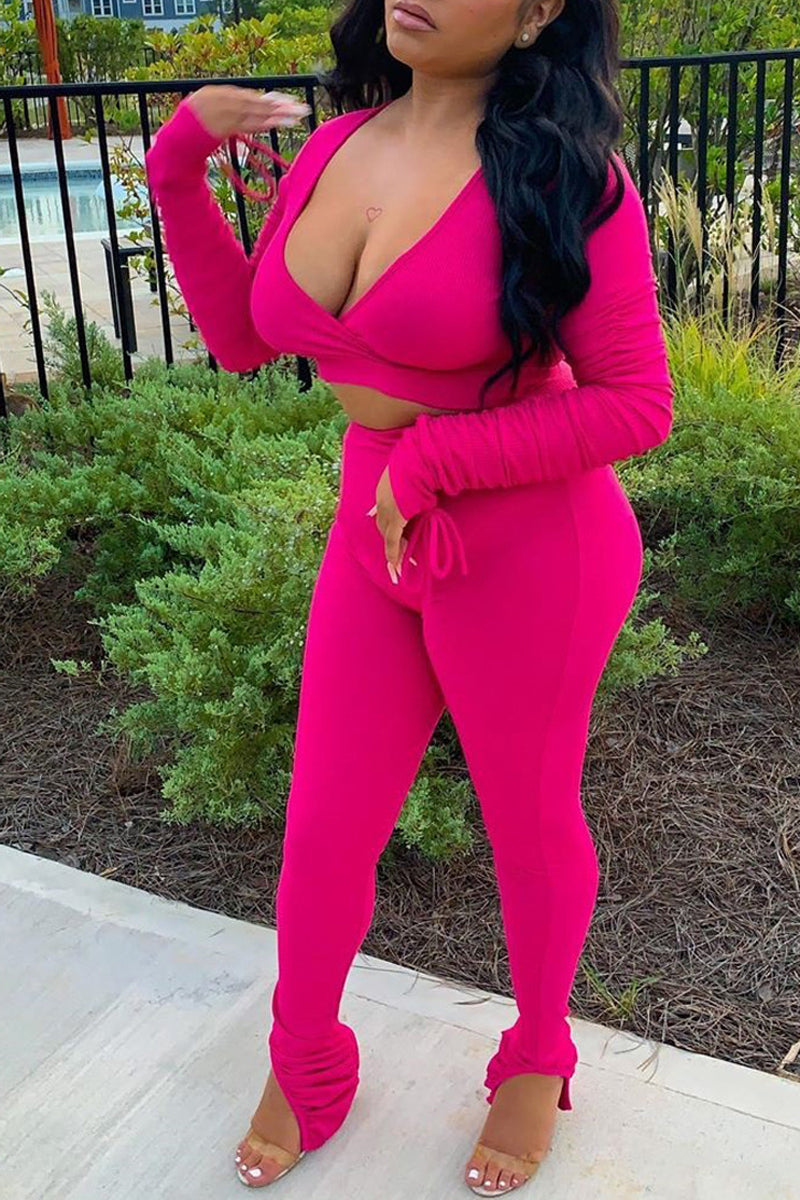 Plus Size Deep V-Neck Wrinkled Two Piece Sets