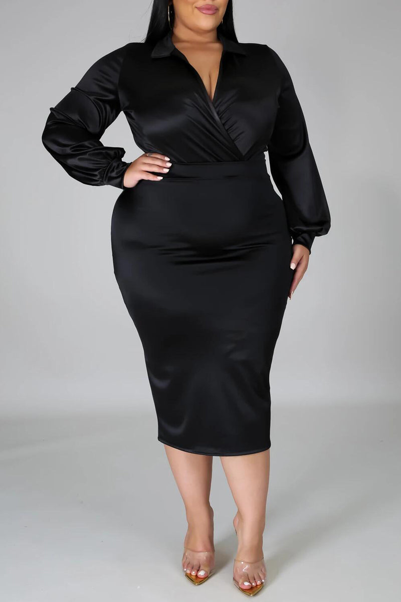 Plus Size Deep V-Neck Solid Two Piece Sets