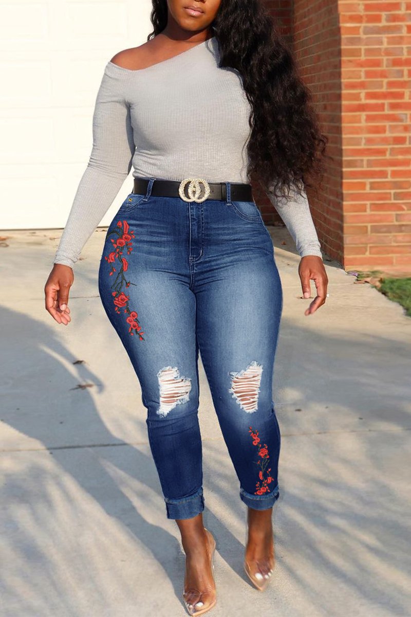 Plus Size Embroidered Denim Hole Jeans