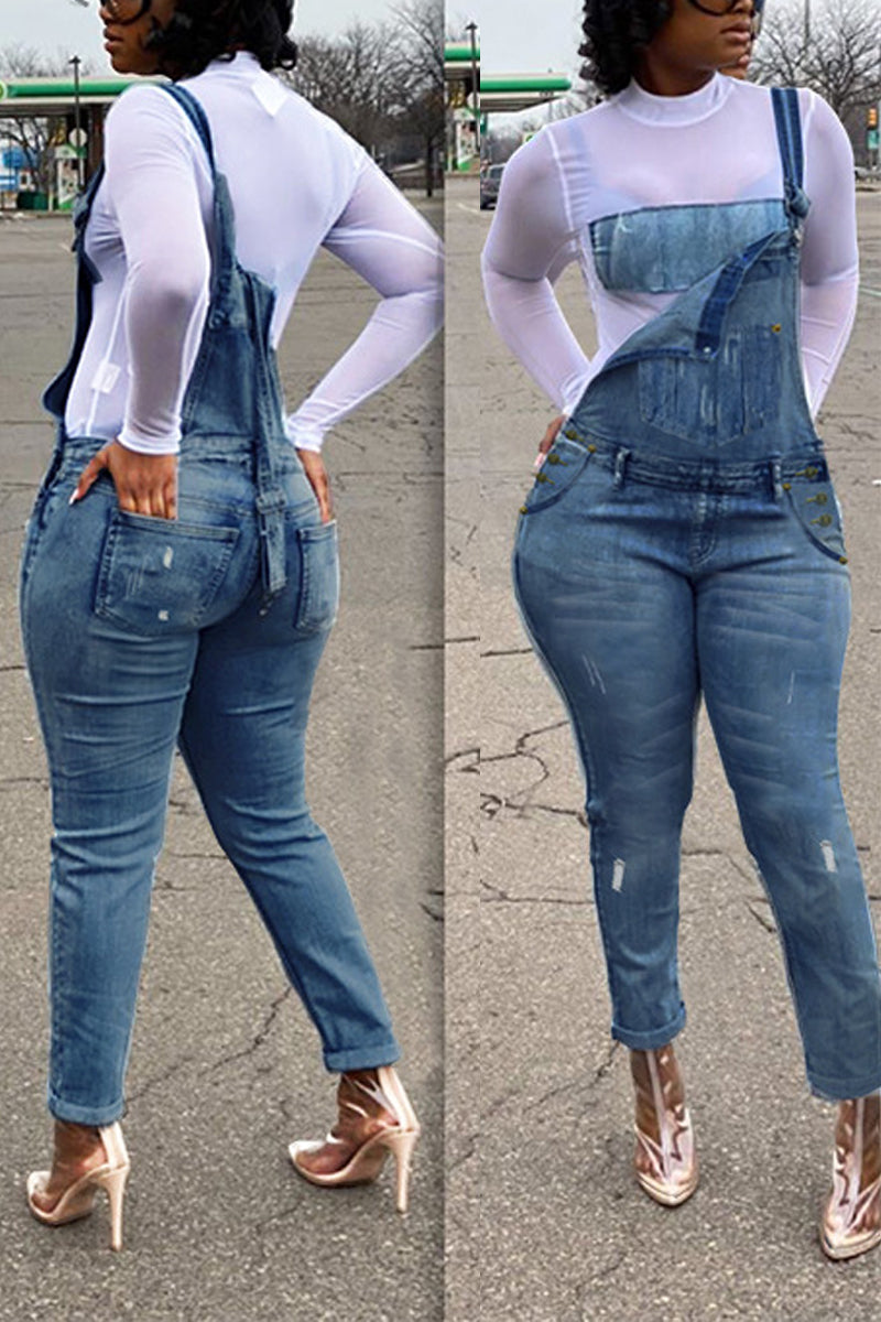 Plus Size Denim Distressed Suspenders Jumpsuit