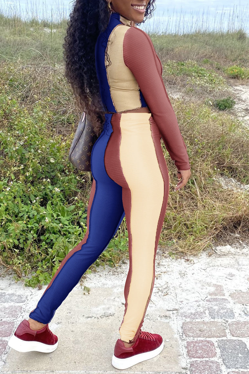 Plus Size Color Striped Long Sleeve Two Piece Sets