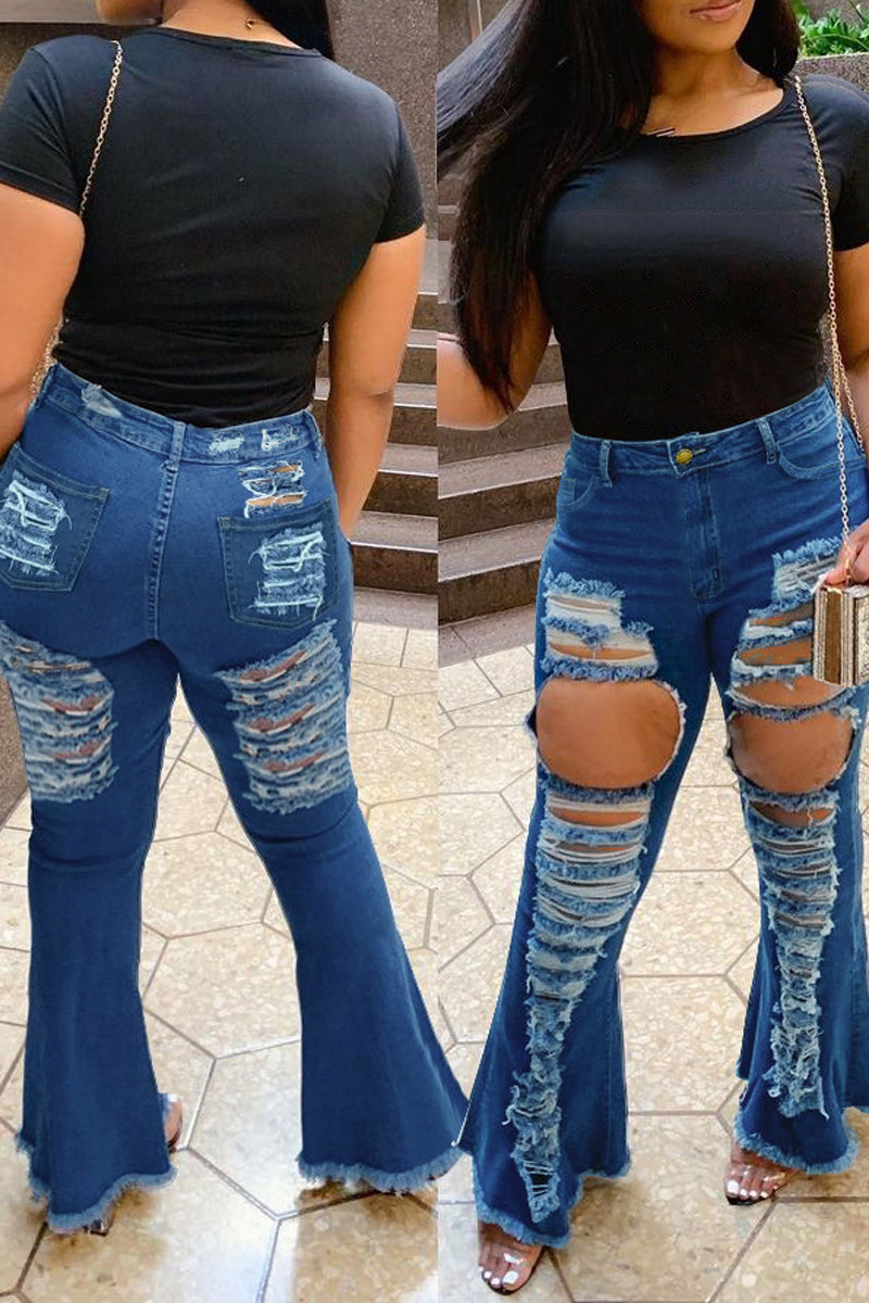 Plus Size Denim Hole Distressed Flared Jeans