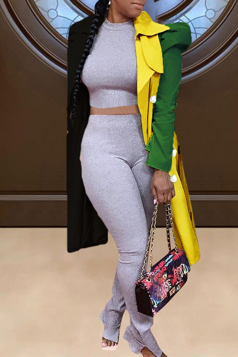 Plus Size Color Block Puff Sleeve Wind Coat