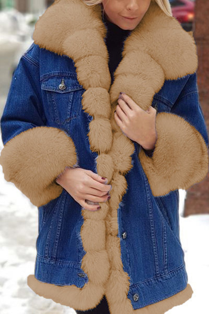 Plus Size Denim Faux Fur Collar Coat