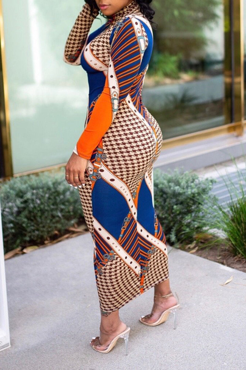 Plus Size Color Block Printed Midi Dress