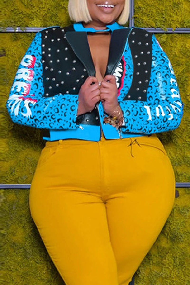 Plus Size Color Patchwork Rivet PU Jacket