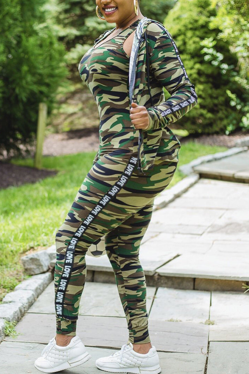 Plus Size Camouflage Print Hooded Three Piece Sets